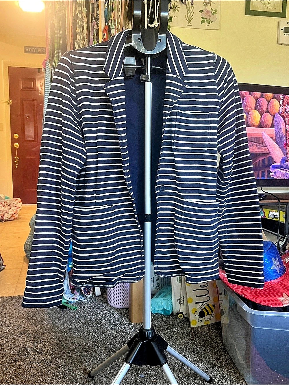GAP Navy and White Striped Cotton Knit Blazer Blue & White Large